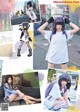 A collage of photos of a girl in a white shirt and purple hair.