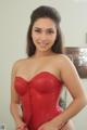 A woman in a red corset posing for the camera.